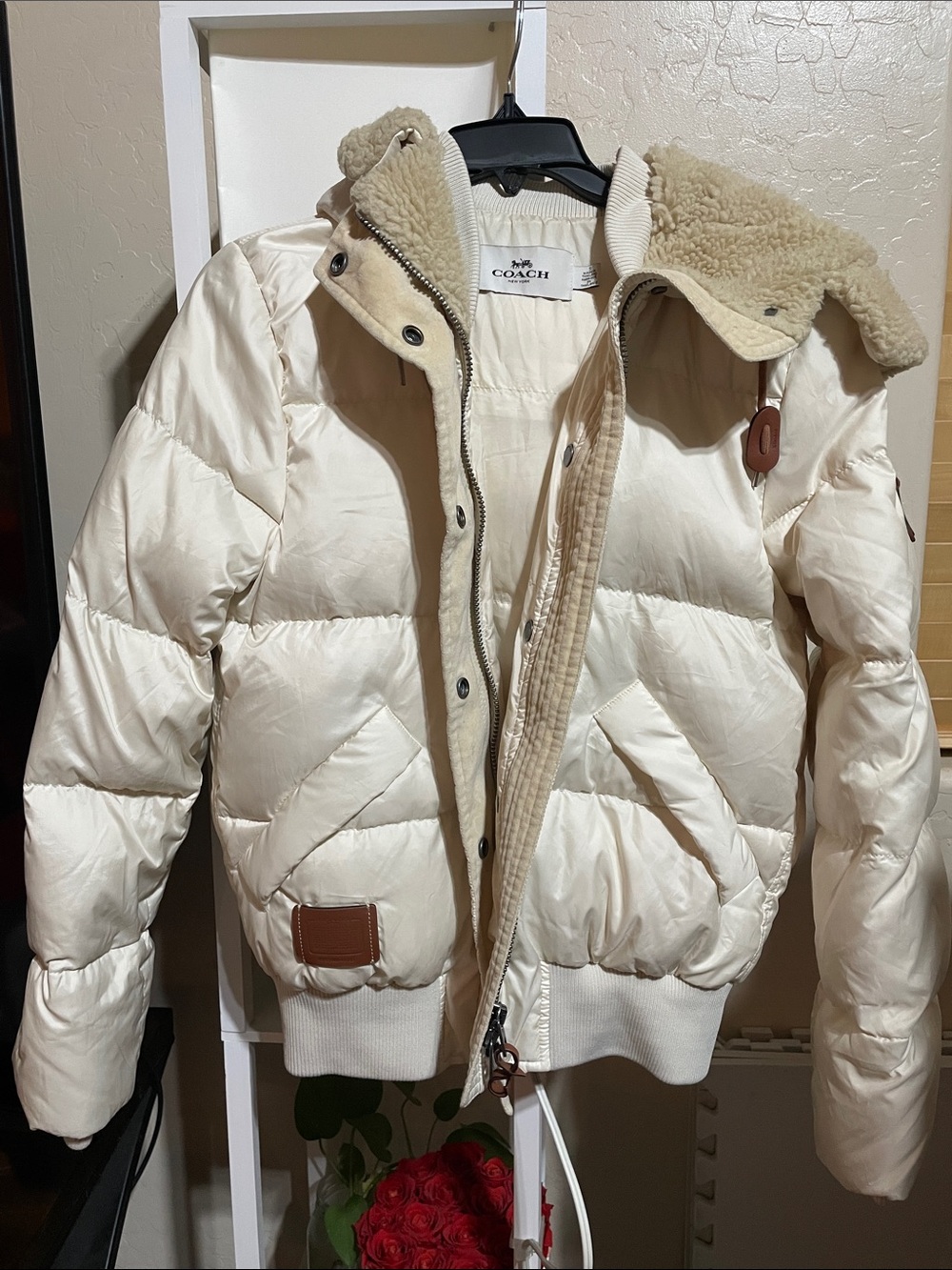 Coach Cream Kids Puffer Jacket with Sherpa Trim